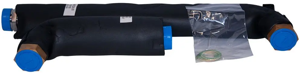 Hydraulikzubehör von Novelan, bestehend aus zwei gebogenen Rohren mit blauen Endkappen und einer transparenten Verpackung, die einen Dichtungsring enthält.